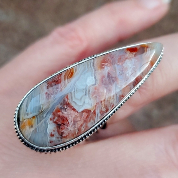 New Oversized Crazy Lace Agate 925 Silver Statement Ring. - Picture 13 of 16